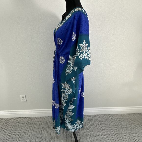 Kaftan Bell Pepper One Size Dress Blue Green Glitter Embellishments Floral Midi - Picture 6 of 16